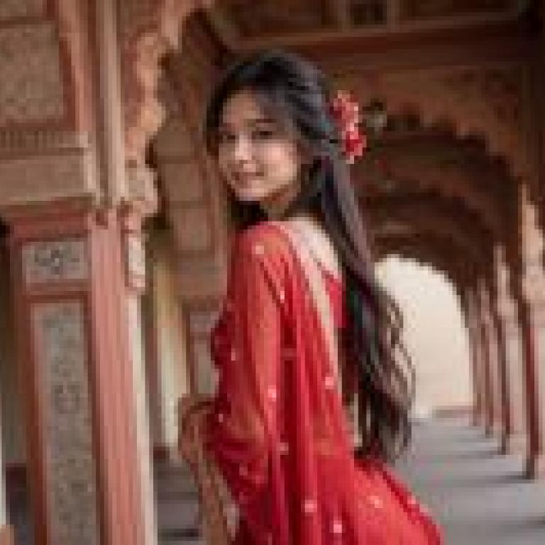 一段前世命中註定的緣分。女子身穿紅色連身裙，頭戴鮮花。