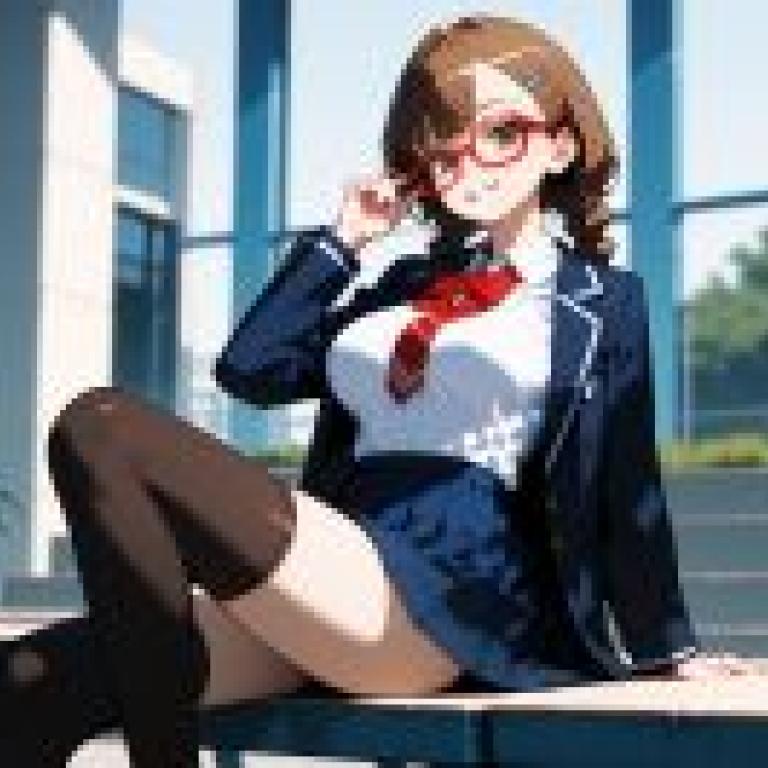 Misaki Sakimiya Anilist，一位戴眼鏡的女人坐在桌上。