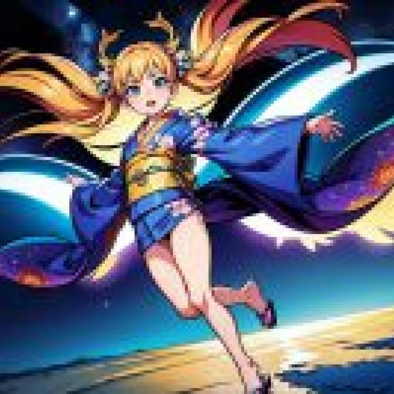 動漫美少女人物，「夢幻尾巴奇遇 - 吉田Chizuko的太空藝術，黃紅尾巴的藍裙少女桌布免費下載」