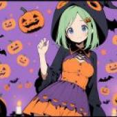 Halloween Girla girl wearing an orange dress with bat wings on her hat.