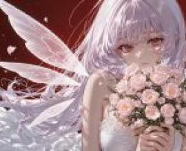 Rose Angel，A woman with wings holding flowers.