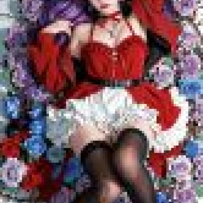 這位紫髮美女身穿紅色衣服。