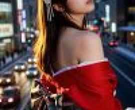Japanese kimono，A woman in a red kimono looking at the camera.