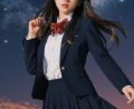 桂言葉 School Days，一位穿著制服的女孩站在月亮前。