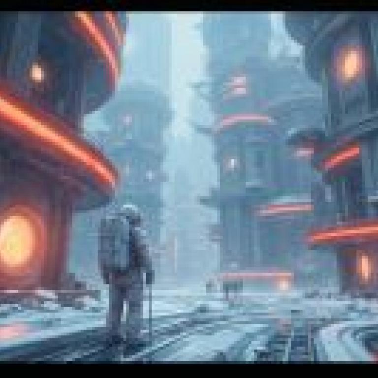 入侵城市，動畫電玩遊戲中的場景：人們穿著白色太空服在雪地中行走。