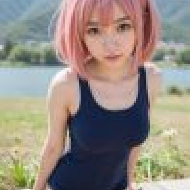 一位有著粉紅色頭髮的漂亮女孩對著鏡頭擺姿勢。