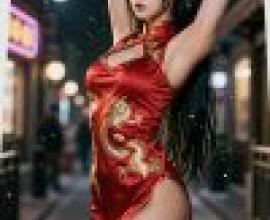 girls，Red chinese dress with dragon on it.