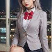 Alisa Mikhailovna Alya Kujou，一個戴著蝴蝶結、穿著夾克的女孩正坐著。