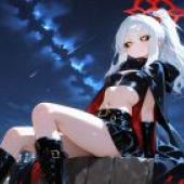Little Devil Girl，Anime of girl in red cape sitting on rock.