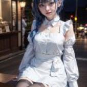 FloatingPlanet Celestial Septagram PlanetA woman in blue hair sitting on a bench.