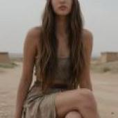 A post apocalyptic road trip，A woman in a brown dress and headband with long hair.