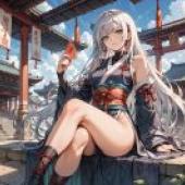 Ninja Girl，Anime girl sitting on rocks.