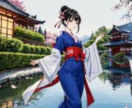 Ancient Kimono，Anime character standing in front of a pond.