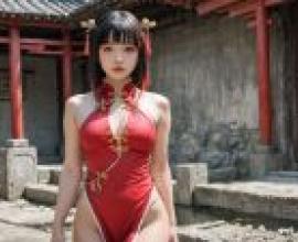 性感中國女孩，一個穿著紅色衣服、拿著筷子的女孩。