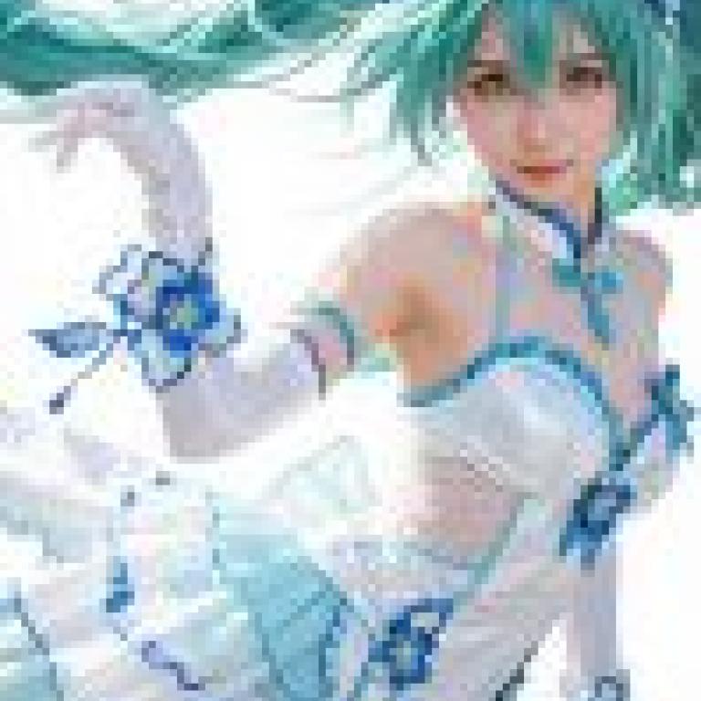 Hatsune Miku，Blue hair girl on white dress.