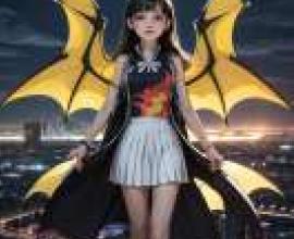 Ooba Juri Magia Record Quebick，一個穿著帶翅膀的服裝，胸前有一條紅龍的女孩。