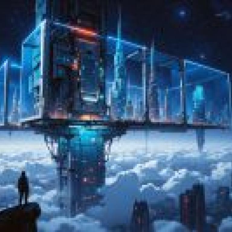 一張展現未來主義閃耀景象的畫面：一座未來主義的城市景觀，一個人站在一座漂浮的建築物旁。