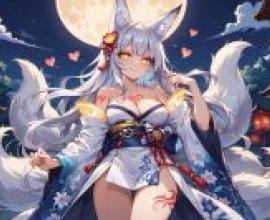 Fox girl，A woman with white hair is wearing two love hearts.