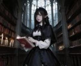 教會的陰影，一個身穿黑裙的女孩手持一本書。