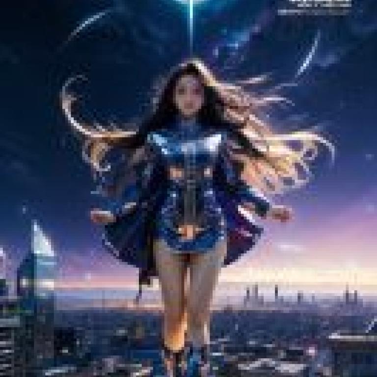 Mobile wallpaper， DonM Celestial Explorers， realistic， a woman in a blue dress with unicorn hair stands on a building overlooking the city.