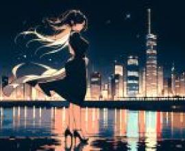 80s comic girl，Woman in front of buildings with her hair flowing on the night.