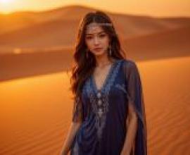 Desert FantasyA woman in a blue dress standing on sand.