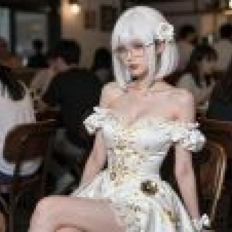 White flowers at the banquet，A girl in a dress in front of other people.