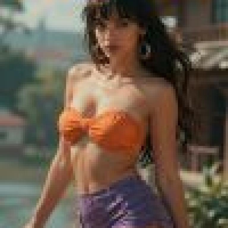 Seeking Dreams in the Land of Gold Qier，A young woman is wearing an orange halter top and blue shorts.