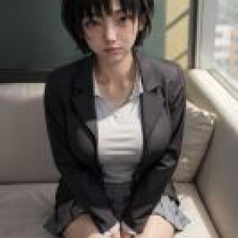 七崎修七崎愛，天神，一位穿著黑色西裝外套和藍色裙子坐著的年輕女士