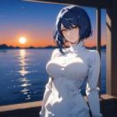 Memories of the past，Blue haired girl standing looking at sunset.